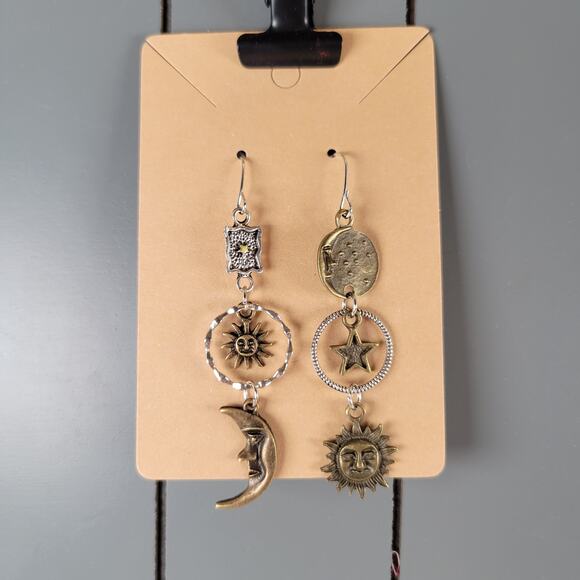 Sun Moon Star Dangle Earrings Celestial Bronze Silver Tone Drop Boho Jewelry - Picture 2 of 10